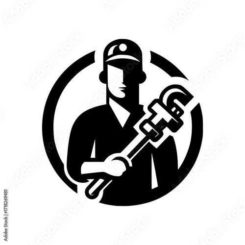 A stylized illustration of a plumber holding a wrench, presented in a modern and professional style. The monochrome design adds to the illustration's appeal. 