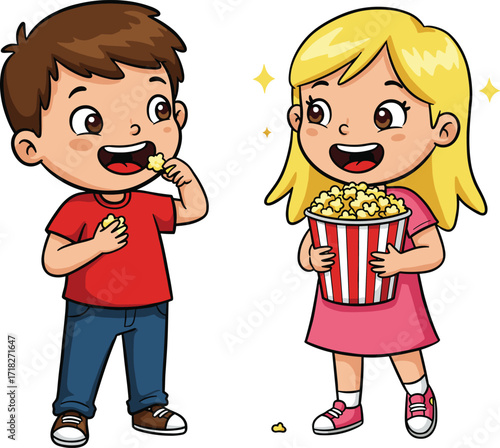 Cartoon children eating popcorn, happy kids snack time, movie fun illustration, joyful moment, colorful drawing, playful scene, entertainment concept