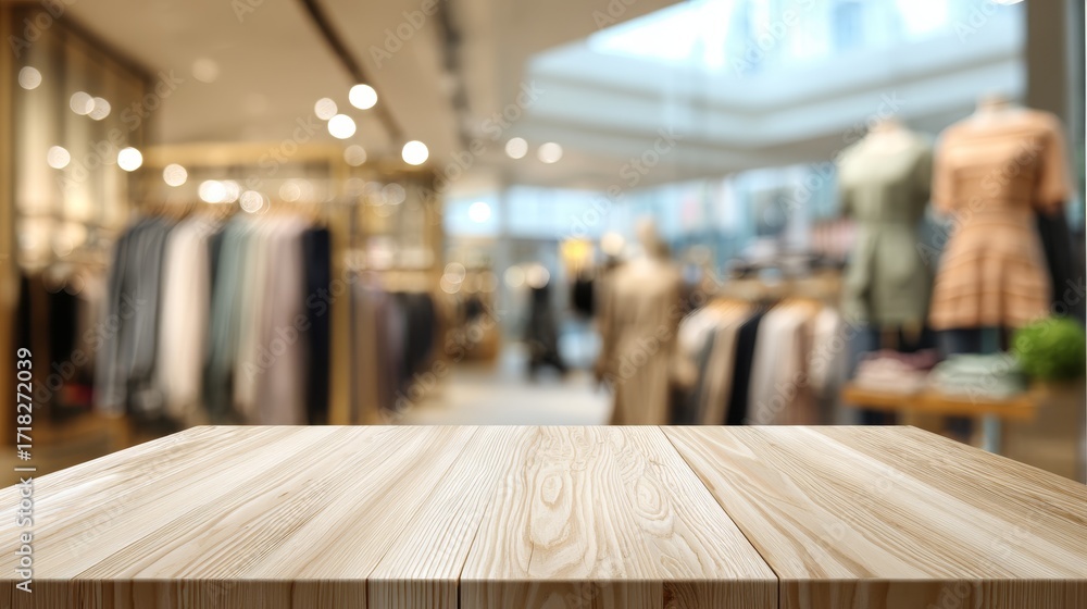 Fototapeta premium Light wood table surface in boutique fashion retail store. Blurred background. Shopping concept