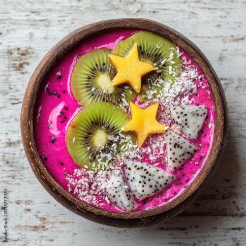 Vibrant pink dragon fruit smoothie bowl with kiwi, mango stars, and coconut flakes on a rustic white table.