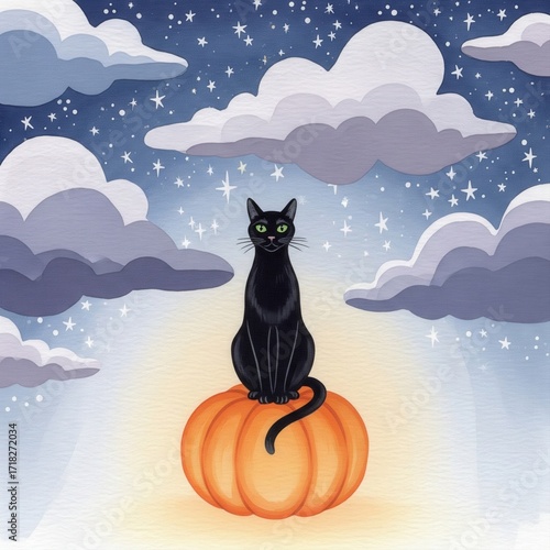Black Cat on Glowing Pumpkin