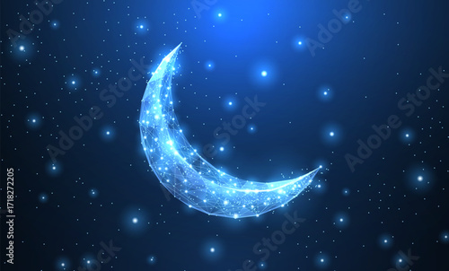 Vector crescent moon. Abstract polygonal wireframe on dark blue night sky background. Night symbol. Arabic, islamic, muslim, ramadan design