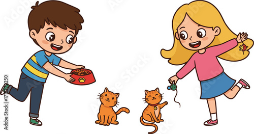 Cartoon children feeding cats, playing with pets, happy kids, animal care, indoor activity, cute illustration, family moment, pet love
