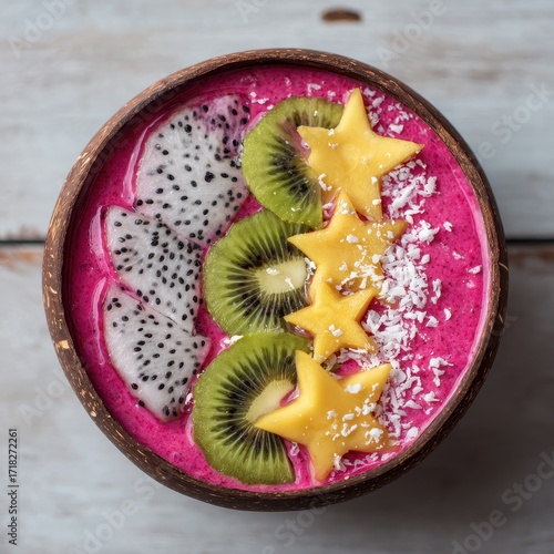 Vibrant Pink Smoothie Bowl in Coconut Shell with Dragon Fruit, Kiwi, Mango Stars, and Shredded Coconut