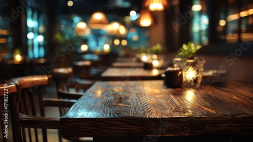 Fototapeta Naklejka Na Ścianę i Meble -  Dark wooden table with blurred upscale restaurant interior background