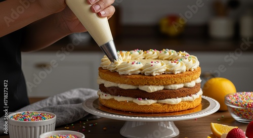 Wallpaper Mural A baker decorates a layered cake with cream and sprinkles using a piping bag. Torontodigital.ca