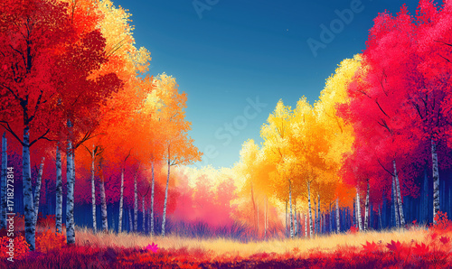 Vibrant autumn forest landscape with colorful trees and serene atmosphere, minimal style photo