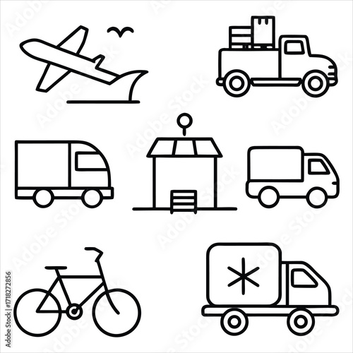 Transportation icons airplane truck bicycle building delivery