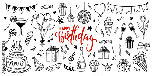 big set of hand drawn doodle cartoon objects and symbols on the birthday party. design holiday greeting card and invitation of wedding, Happy mother day, birthday, Valentine s day and holidays