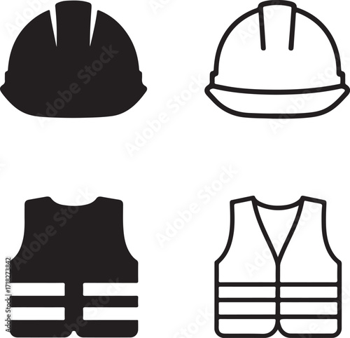 Isolated safety icons, solid helmet, line helmet, filled safety vest, thin stroke safety vest, editable black vector, construction equipment, worker protection, industrial design