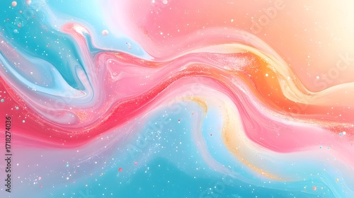 A captivating abstract design featuring flowing, vibrant hues of pastel pinks, blues, and oranges, with shimmering metallic particles adding a touch of elegance.