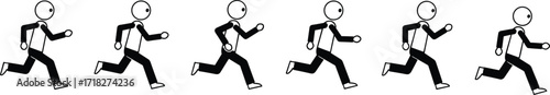 Running sequence, stick figure motion, cartoon animation, biomechanics, movement cycle, white background, black limbs, dynamic pose, character frames, physical education