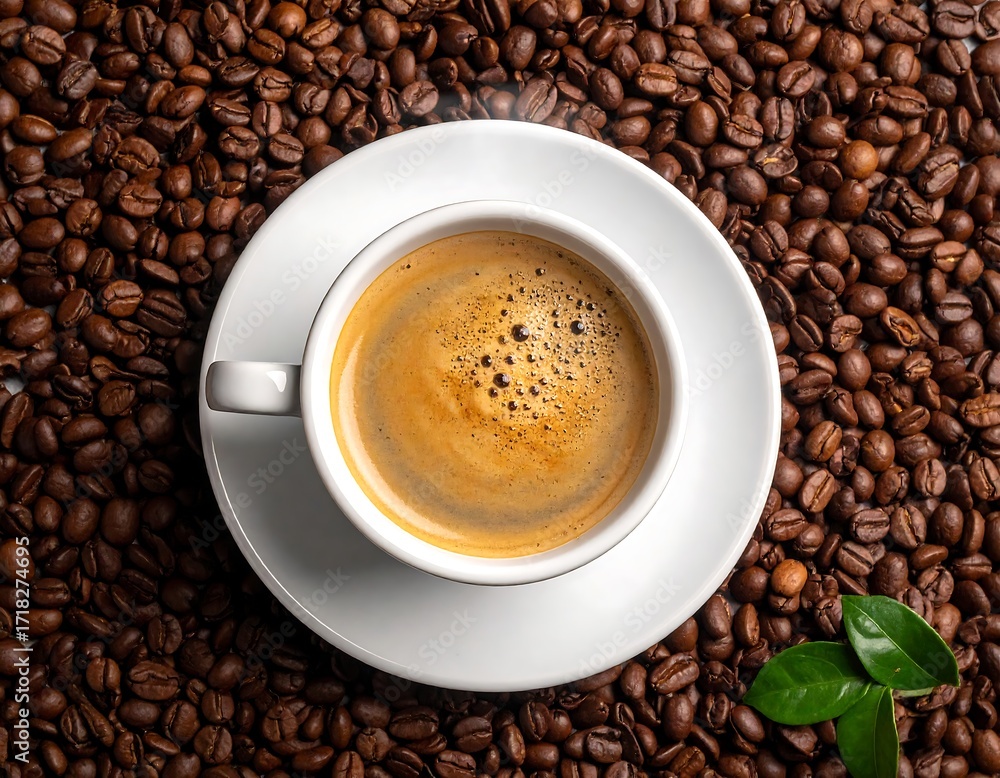 Fototapeta premium Espresso in a white cup surrounded by coffee beans