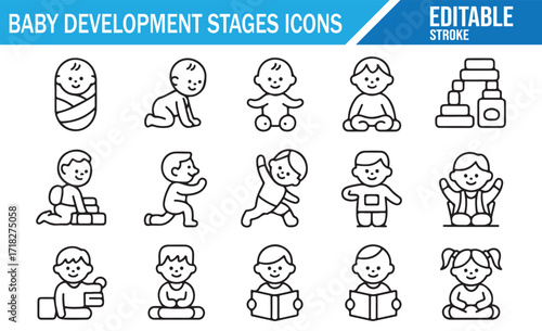 Early childhood development vector icons for baby growth, learning, and milestones