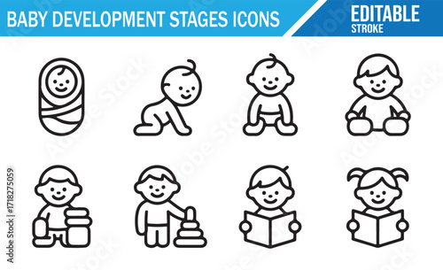 Baby milestone outline icon set for crawling, sitting, reading, and stacking blocks