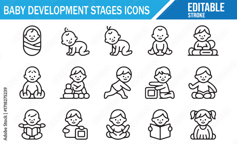 Fototapeta premium Collection of editable stroke icons showing baby growth and development progress