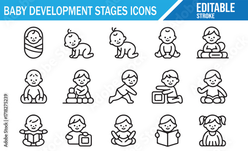 Collection of editable stroke icons showing baby growth and development progress