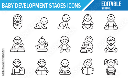 Outline vector illustrations of newborn, crawling, sitting, and toddler activities