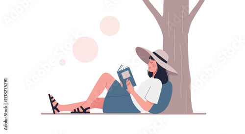 Woman Reclining Under Tree Reading Book Enjoying Peaceful Moment Outside In Nature