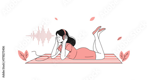 Woman Relaxing And Listening Music With Headphones Laying on a Mat, Enjoying Audio And Sounds