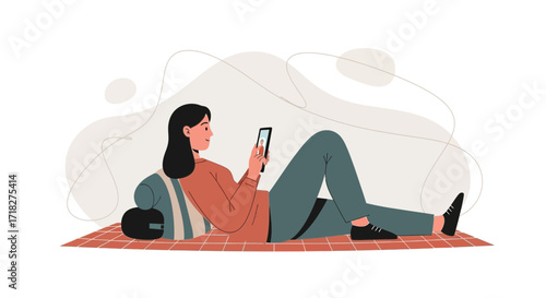 Woman Relaxing and Using Tablet on Floor with Abstract Background Depiction