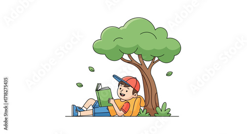 Young Boy Reading a Book Beneath a Tree, Enjoying The Afternoon in Nature
