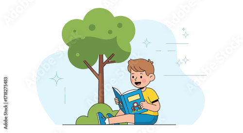 Young Boy Reading A Book Under A Lush Green Tree In Sunny Weather