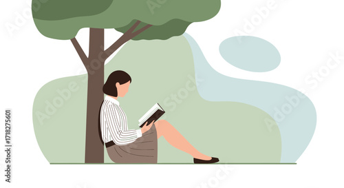 Woman Relaxing Under Tree While Reading Book With Simple, Flat Style Illustration