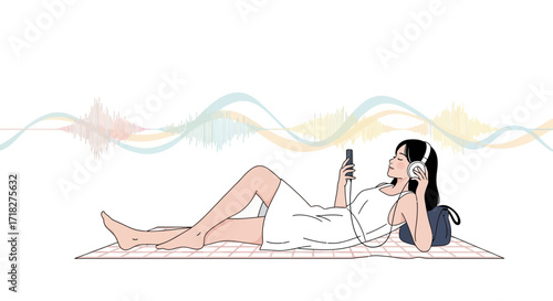 Woman Relaxing With Headphones And Listening To Music, Enjoying Soundscape, Vector Illustration