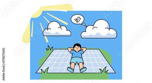 Young Boy Relaxing Outside Under Cloudy Sky Daydreaming About Birds