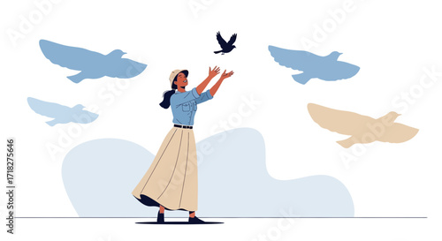 Woman Releasing Bird Towards Freedom and Peace with Flying Bird Silhouettes