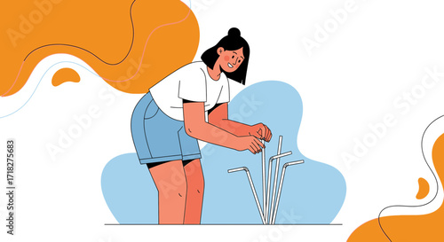Woman Removing Plastic Straws, Environmental Protection And Sustainability Initiative