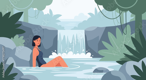 Woman Resting Beside Waterfall In Jungle Environment with Refreshing Calm Waters