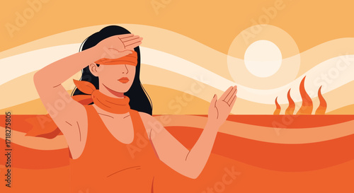 Woman Shielding Eyes From The Sun In A Harsh Landscape Illustration Design