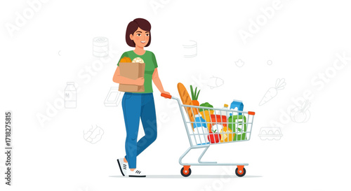 Woman Shopping With Cart Full Of Groceries Illustrating Everyday Life For Buyers