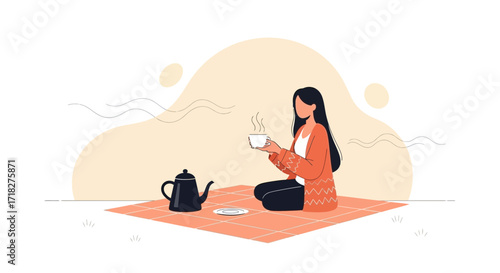 Woman Sipping Tea Outdoors with Teapot on a Picnic Blanket in Calm Ambiance