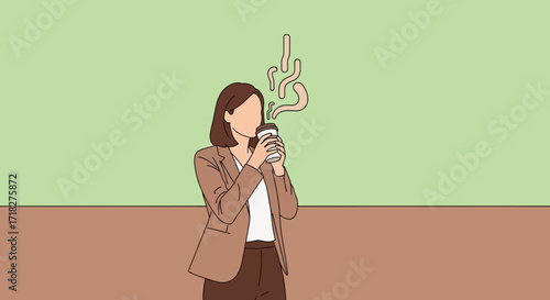 Woman Sipping Steaming Coffee In A Simple Illustration During A Break At Work
