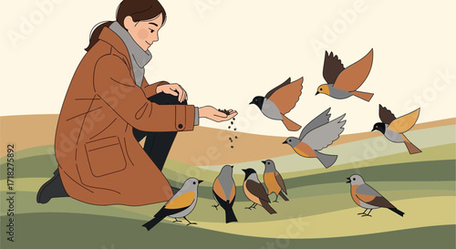 Woman Sits And Feeds Friendly Birds In Tranquil Outdoor Environment Scene