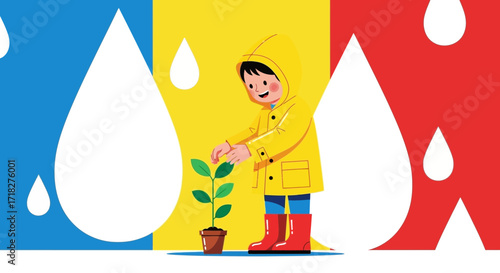 Young Child Gardening in Rain, Planting Green Plant, Optimistic Perspective and Joyful Act