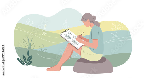 Woman Sketching Botanical Designs Outdoor Resting Amidst Peaceful Scenery