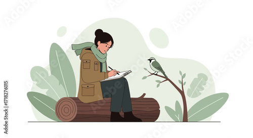 Woman Sketching Birding Nature Inspired Art Scene During Beautiful Autumn Day