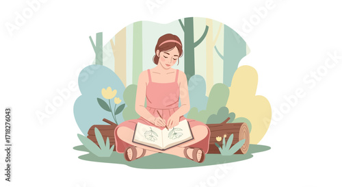 Woman Sketching Nature In The Forest Using A Notebook During A Beautiful Afternoon