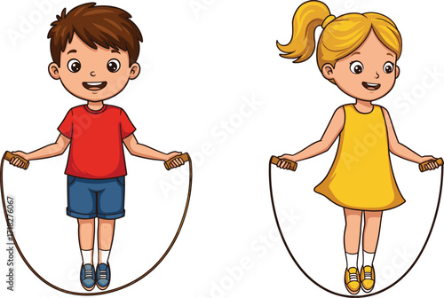 Cartoon children jumping rope, playful kids activity, outdoor fun, happy childhood moment, colorful illustration, exercise, fitness, school recess, joyful playtime