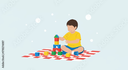 Young Child Plays With Colorful Building Blocks, Developing Skills And Creativity