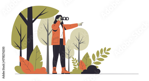 Woman Spotting View Through Binoculars Surrounding Nature Environment Illustration