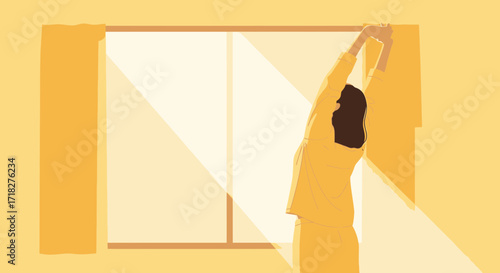 Woman Stretching Near Bright Window as Daylight Streams Into The Warm Room Comfortably