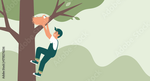 Young Enthusiast Reaching A Bird Nest, Celebrating Nature And The Joy Of Discovery