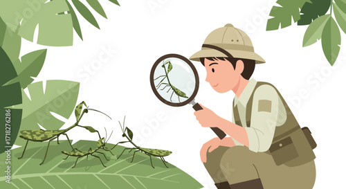 Young Entomologist Examines Praying Mantis Through Magnifying Glass Amongst Foliage