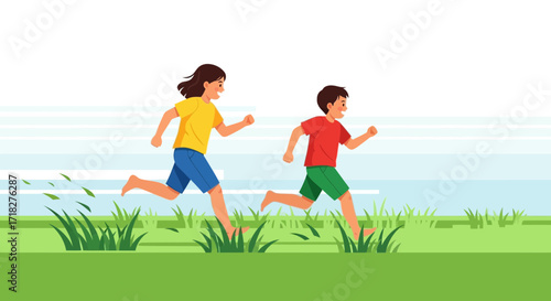 Young Enthusiasts Sprinting Across Green Grassland, Playing Outdoors, Children's Recreation