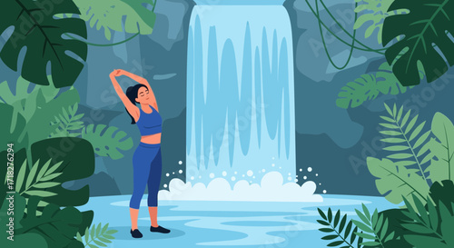 Woman Stretching Near Waterfall in Lush Green Jungle Environment for Wellbeing